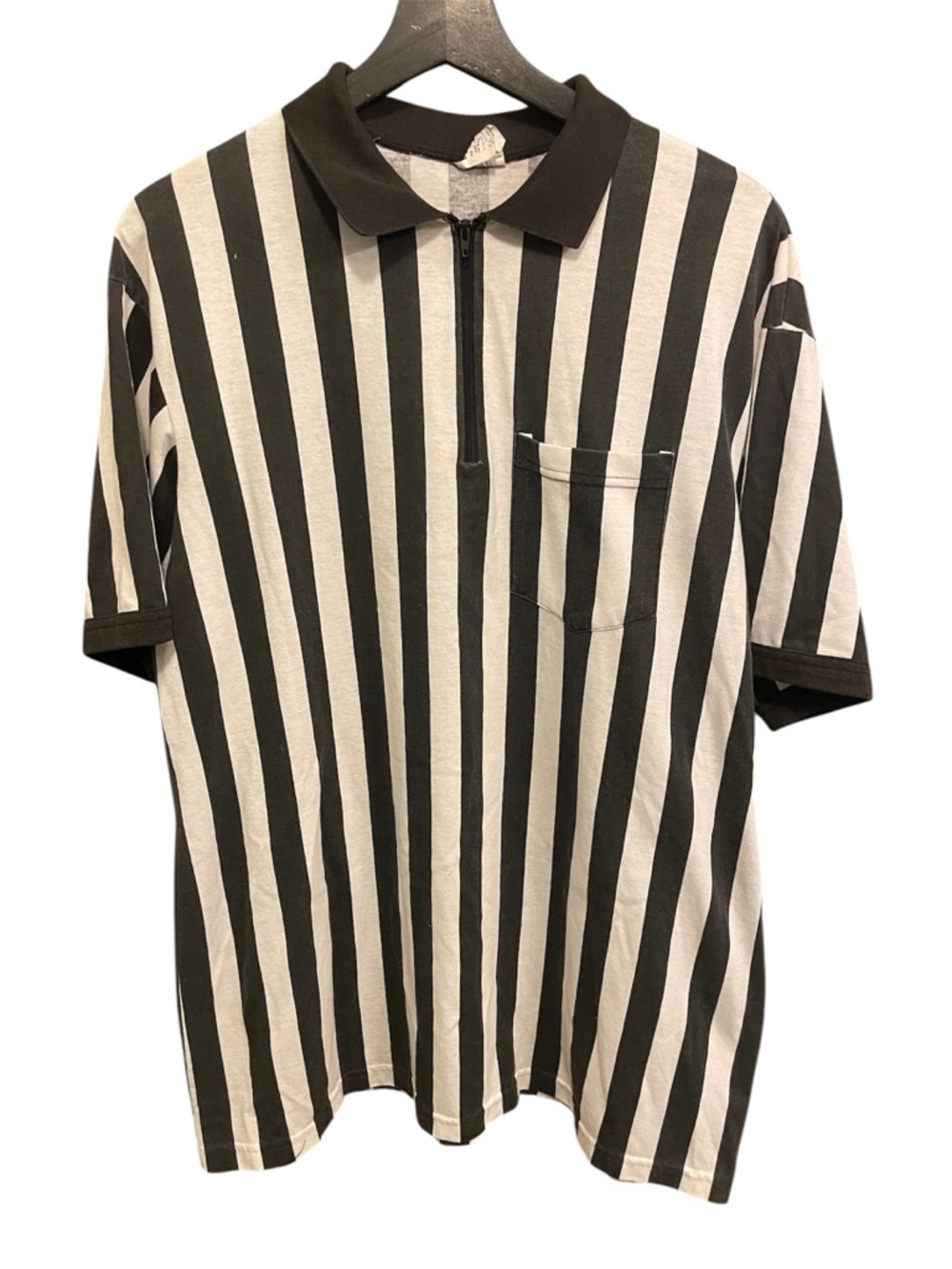 Vtg 80's Majestic XL Referee Shirt Men's Black & White Striped Short Sleeve Zip